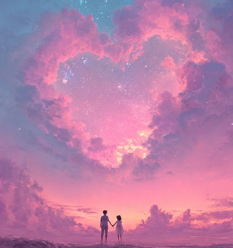 A heart shaped cloud glowing pink above a couple reflected in still water at dusk