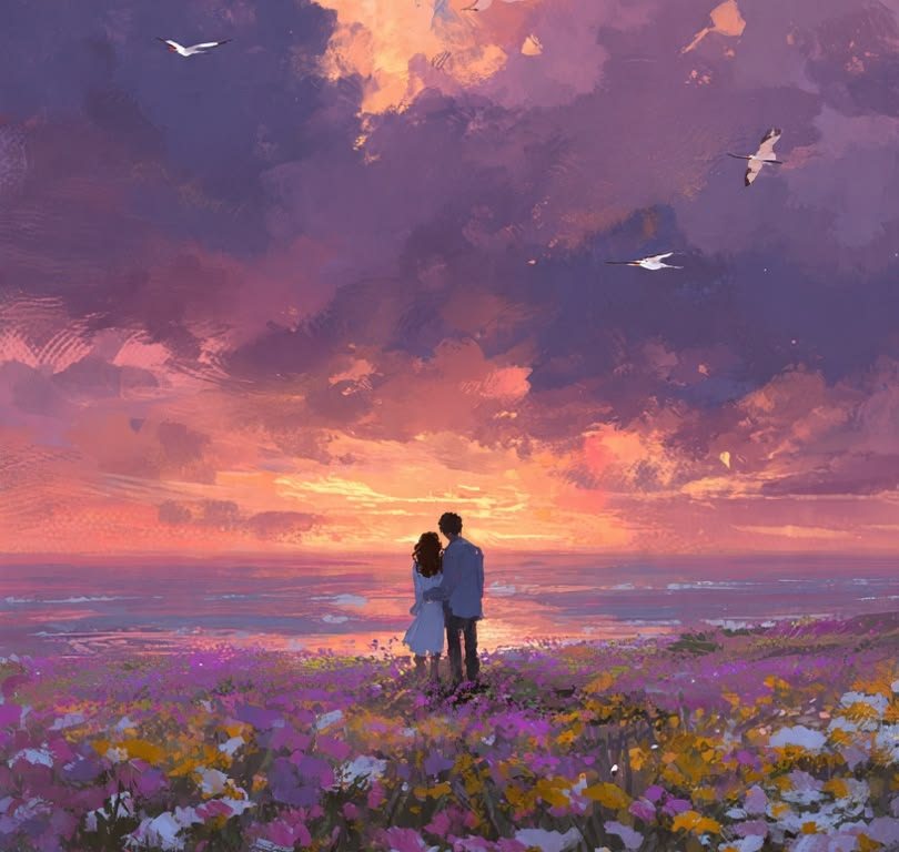 Two people standing in a flowering field under a wide pink and violet sunset sky